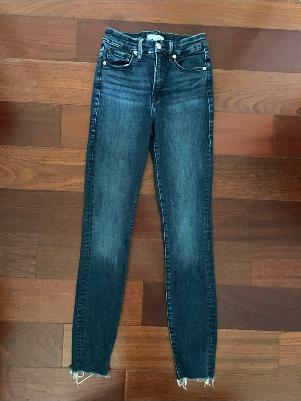 Good American Jeans 0/25 High Rise Raw Hem Skinny Dark Wash